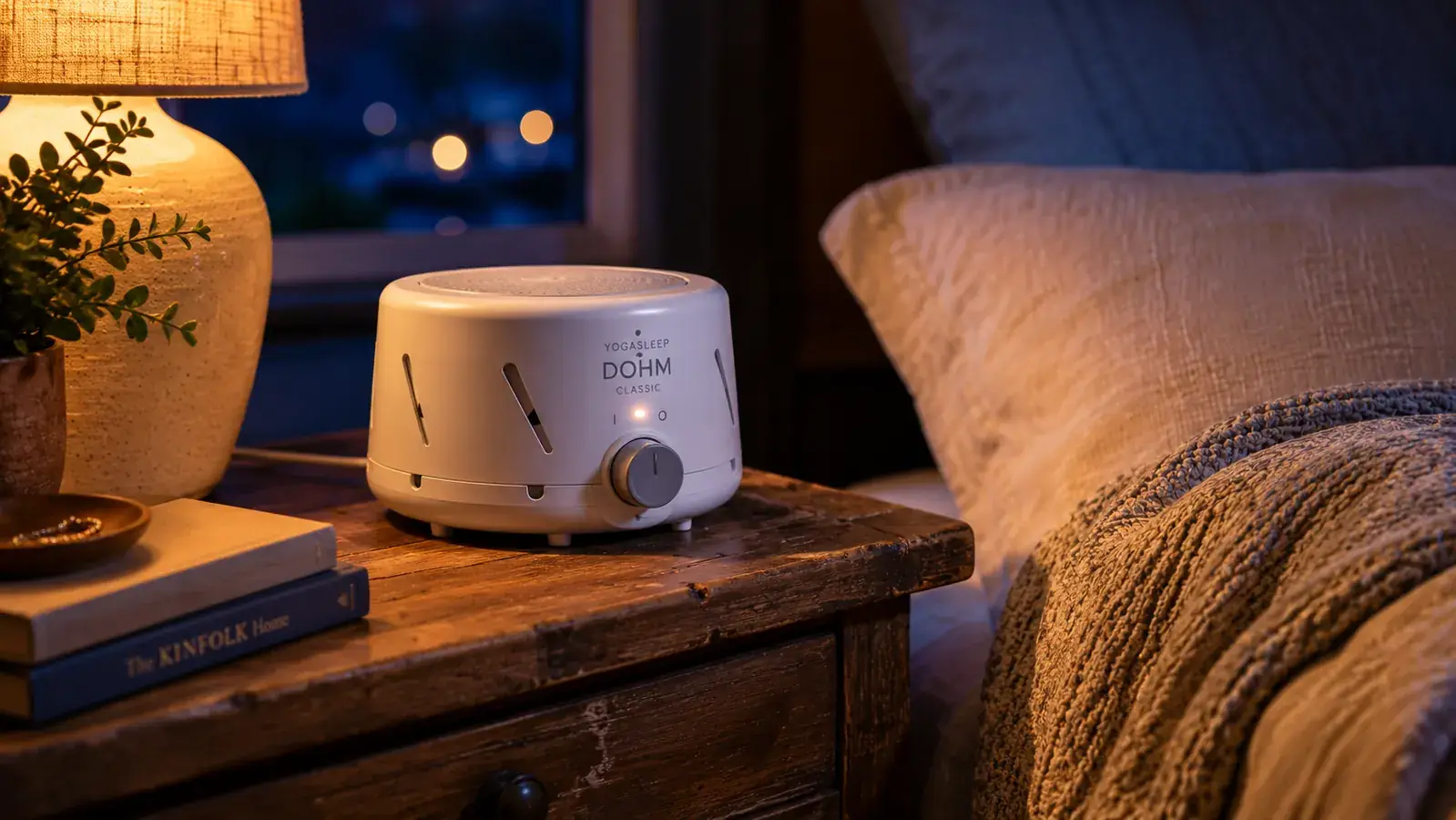 Yogasleep Dohm Classic white noise machine on a wooden nightstand in a dimly lit bedroom with soft amber lamp light