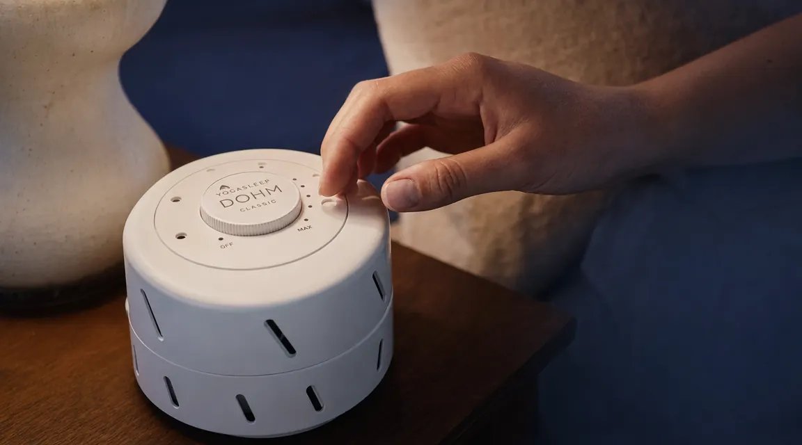 Hand turning the volume dial on the Yogasleep Dohm Classic sound machine