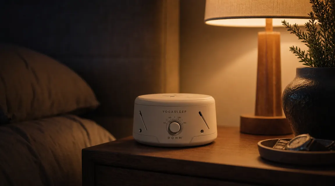 Yogasleep Dohm Classic white noise machine sitting on a wooden nightstand beside a dimly lit bedside lamp in a dark bedroom